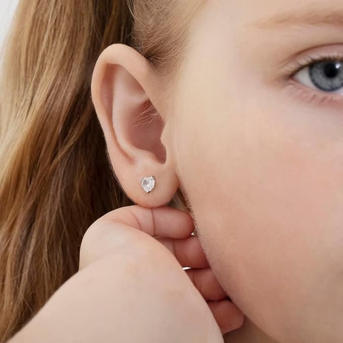 14k White Gold 4mm Tiny Heart Simulated Birthstone Screw Back Earrings for Babies, Infants & Toddlers
